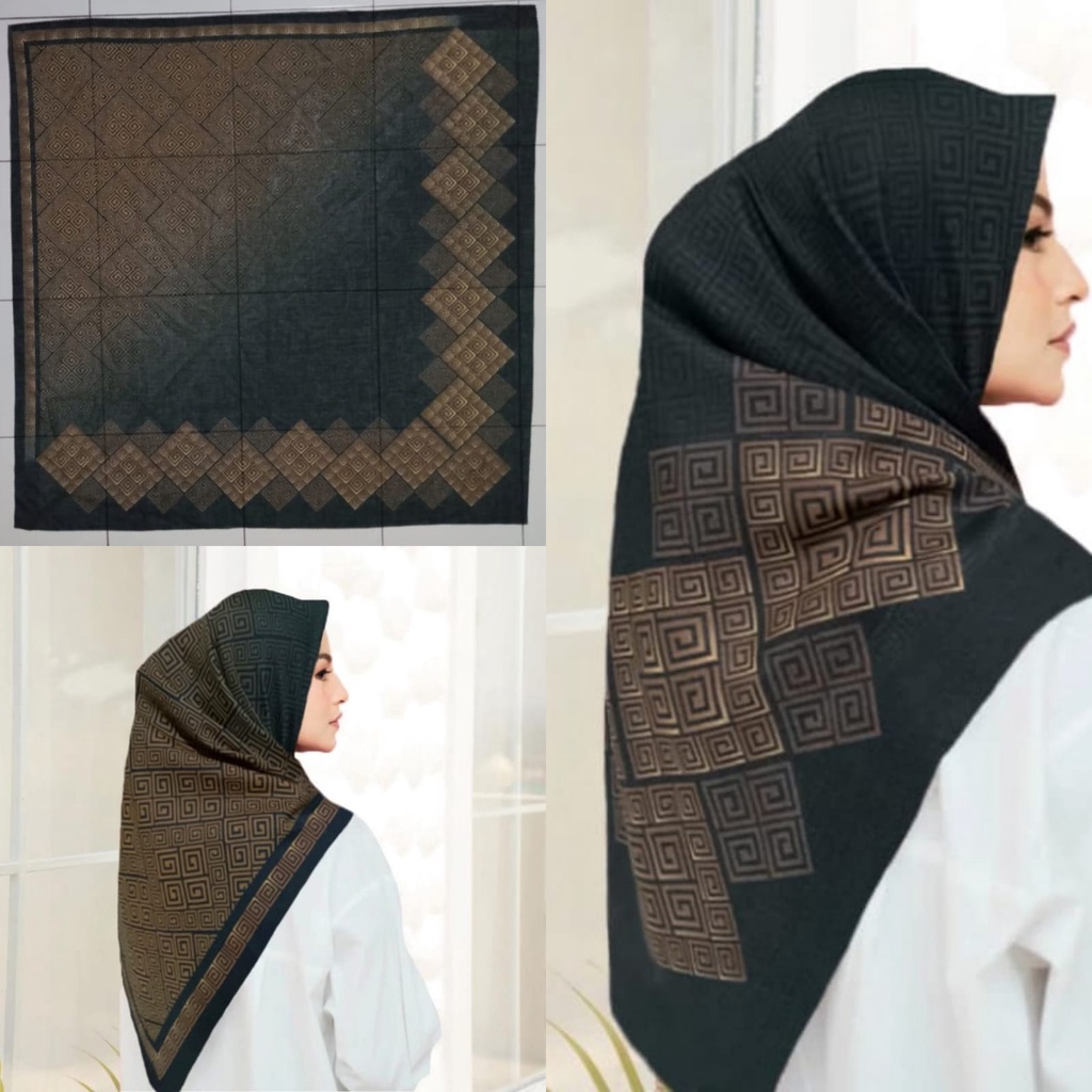 Diskon  Hijab Voal Motif Kubika Hitam Gold Kerudung Segiempat Motif Jilbab Instan Hijab Segi Empat M