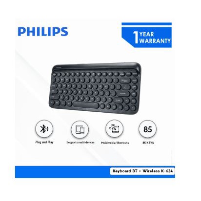 Keyboard philips bluetooth wireless 2.4ghz membrane 85 keys tkl multimedia for office gaming pc laptop phone tablet k-624 k624