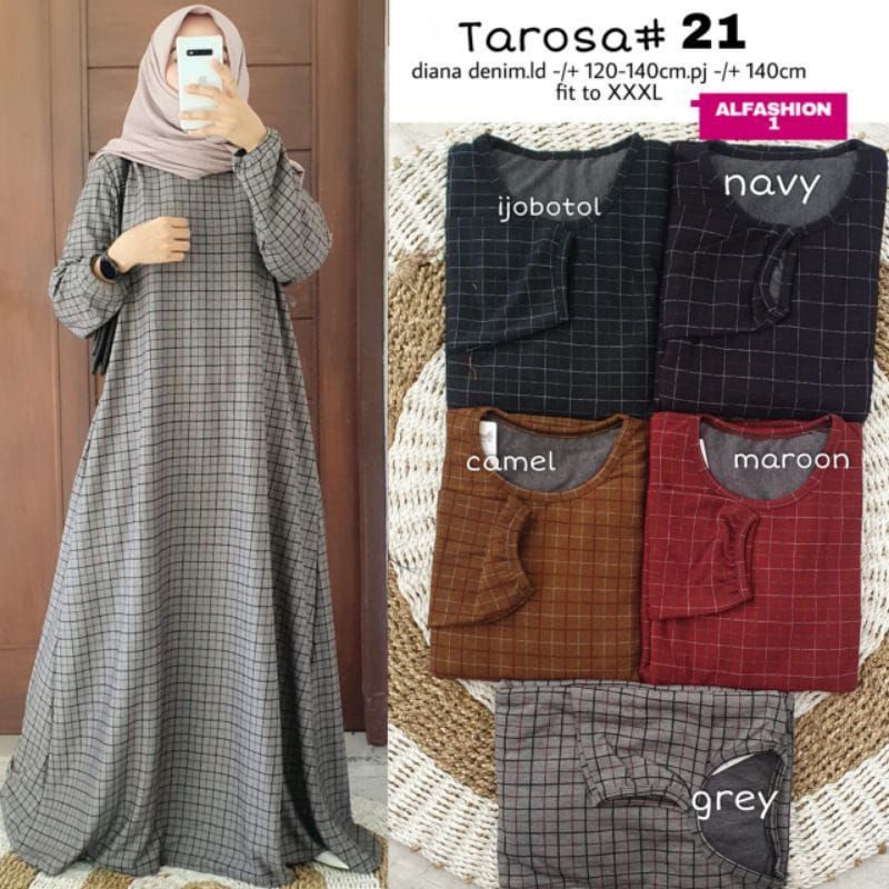 Baju Gamis Wanita Muslim Tarosa Maxy Fashion Perempuan Dewasa Remaja Cewek Ibu Modern Terbaru Pakaian Muslimah Modis Simple Nyaman Kekinian Diana Denim Garis Kotak Best Seller Good Quality Bisa COD Murah