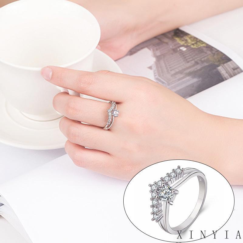 Xia.id Cincin Tunangan Alloy Simple Hias Zircon Aksesoris Pengantin Wanita