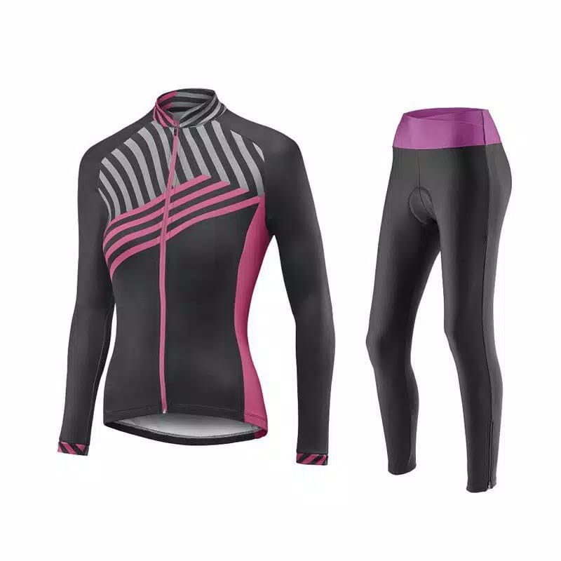 CYCLING SET JERSEY SEPEDA BIB LENGAN CELANA PANJANG WOMAN WANITA BAJU - UNGU HITAM