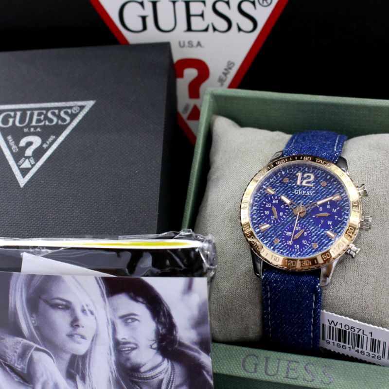 Jam Tangan Wanita Guess W1057L1 Cronograph Dat-date, Blue Navy Denim Strap, 38mm Original