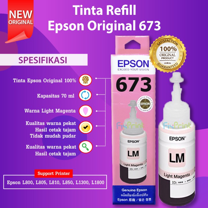 Tinta Epson 673 C13T673 T673 Reefill Original L800 L805 L810 L850 L1800 Black Cyan Magenta Yellow