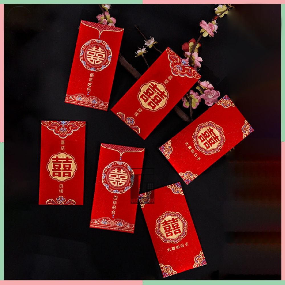 Kertas Amplop Angpao Angpau Ampao Hongbao Uang Hantaran Seserahan Lamaran Sangjit Wedding Pernikahan Nikah Shuang Xi Huangsi Suangsi Shuangxi Cina China Tionghoa Besar Jumbo Premium 3D Emboss Double Dobel Happiness Kebahagiaan Isi 6 Pcs