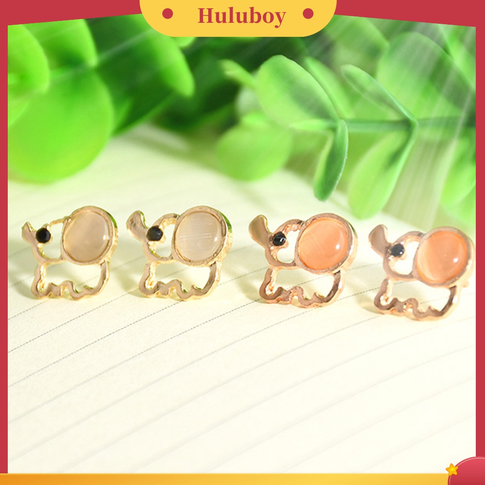 Anting Stud Bentuk Gajah Model Hollow Aksen Opal Tiruan Untuk Wanita