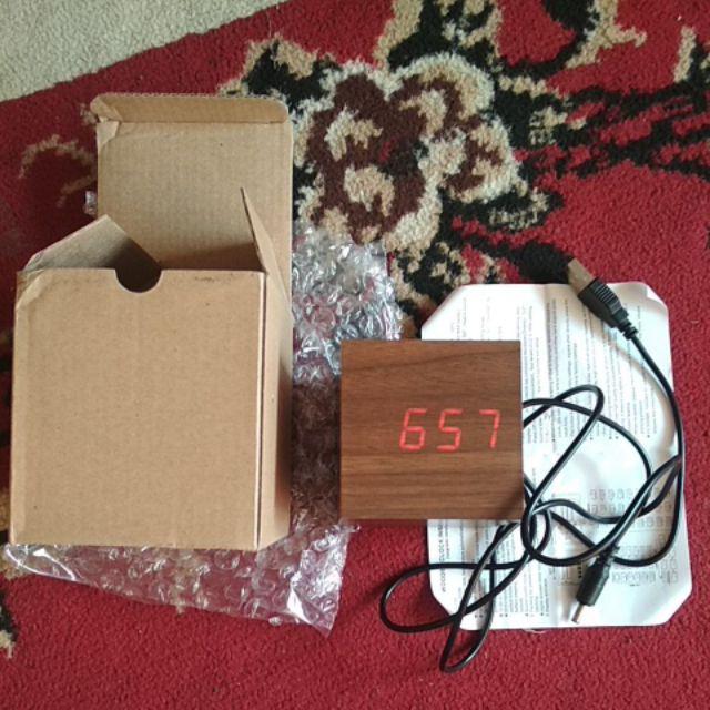 Jam Weker Kayu Digital Led Clock Wood Small Alarm Temp Date Kalender