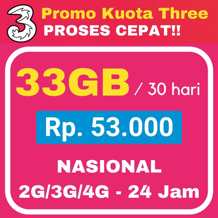 PROMO Kuota Paket Data Internet Tri Three 3 AON Unlimited Happy 33GB 66GB 1GB 2GB 3GB 4GB 5GB 6GB 7G