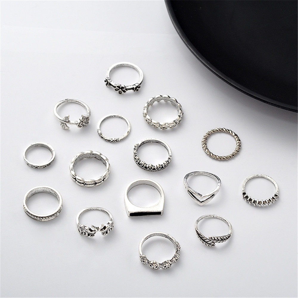 15pcs / set Cincin Bentuk Gajah Bunga Tengkorak Geometris Bahan Logam Gaya Retro Untuk Wanita