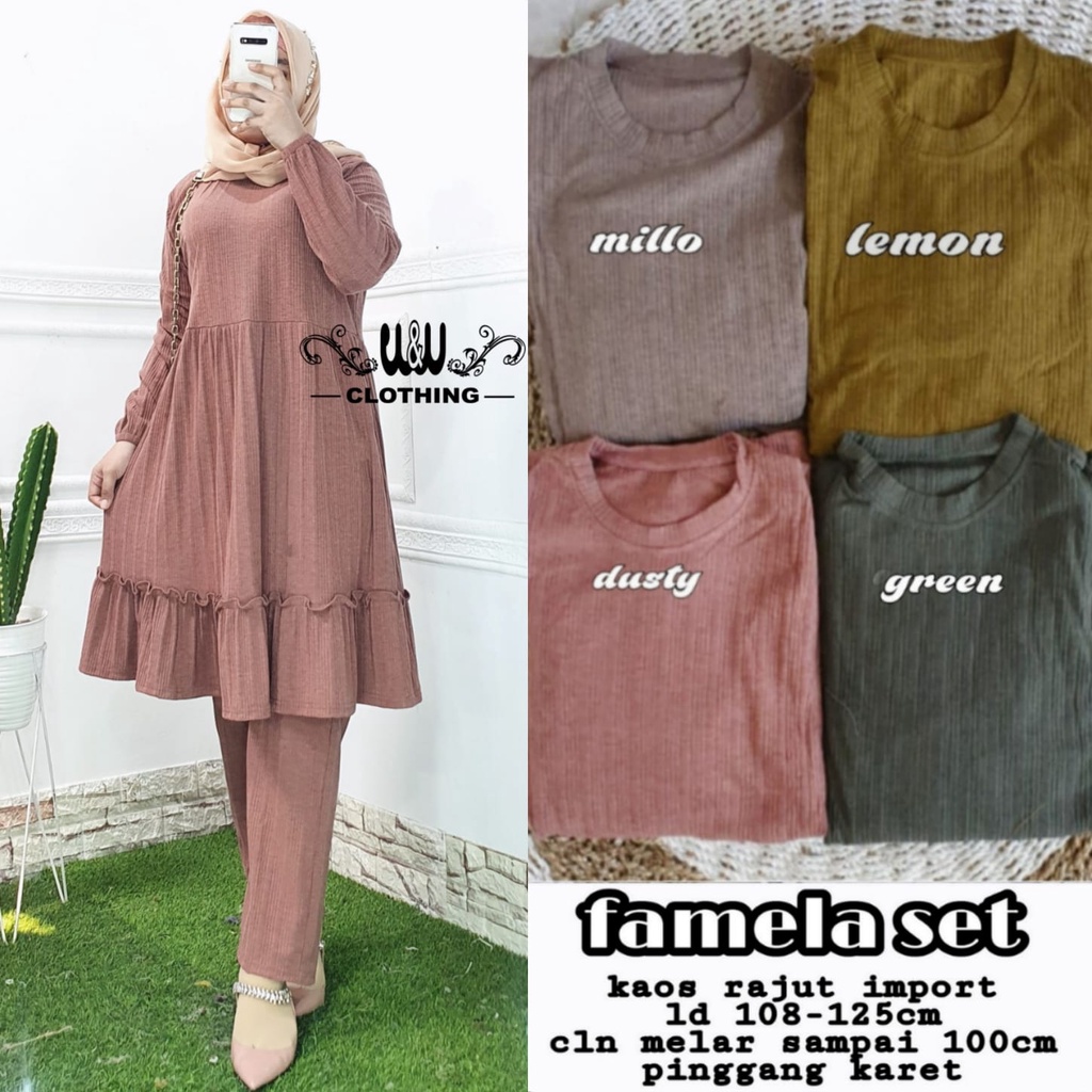 Setelan Kaos Rajut Import Polos Jumbo Famela Set Setcel Tunik Dan Celana Big Size XXXL Ld 125 By W&W