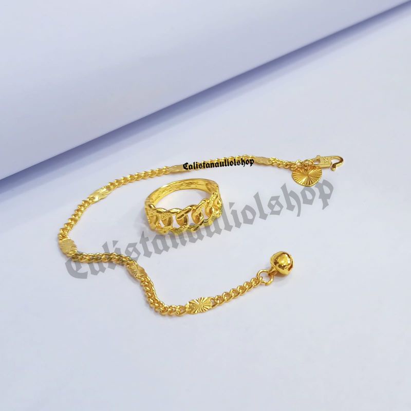 SET GELANG+CINCIN CLASIK CL7070P RANTAI SPASI ANTI KARAT PERHIASAN EMAS KOREA