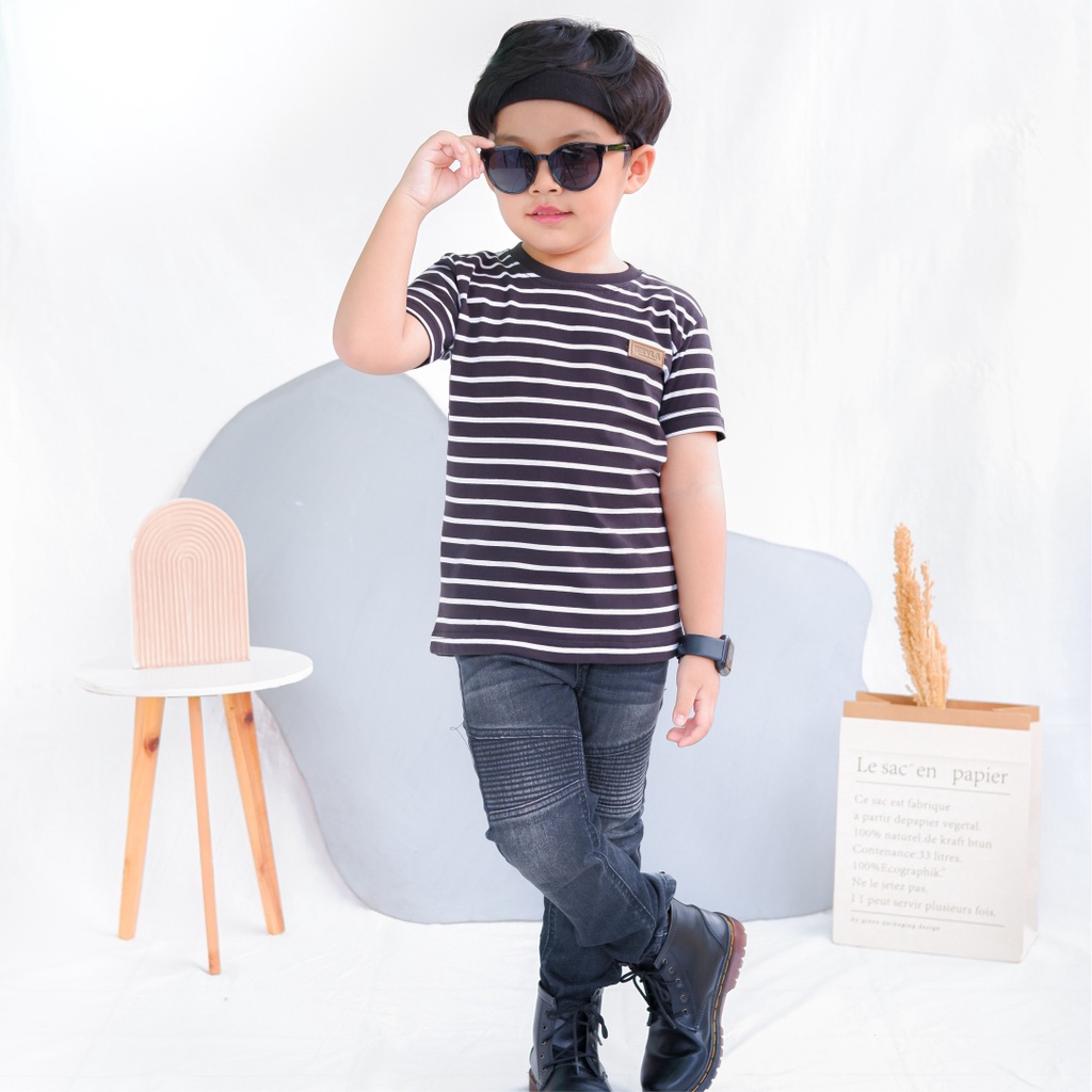 Kaos Stripe Garis Anak Laki Laki Perempuan Branded Unisex Original Premium | Mevla Kids - Uzuki Black