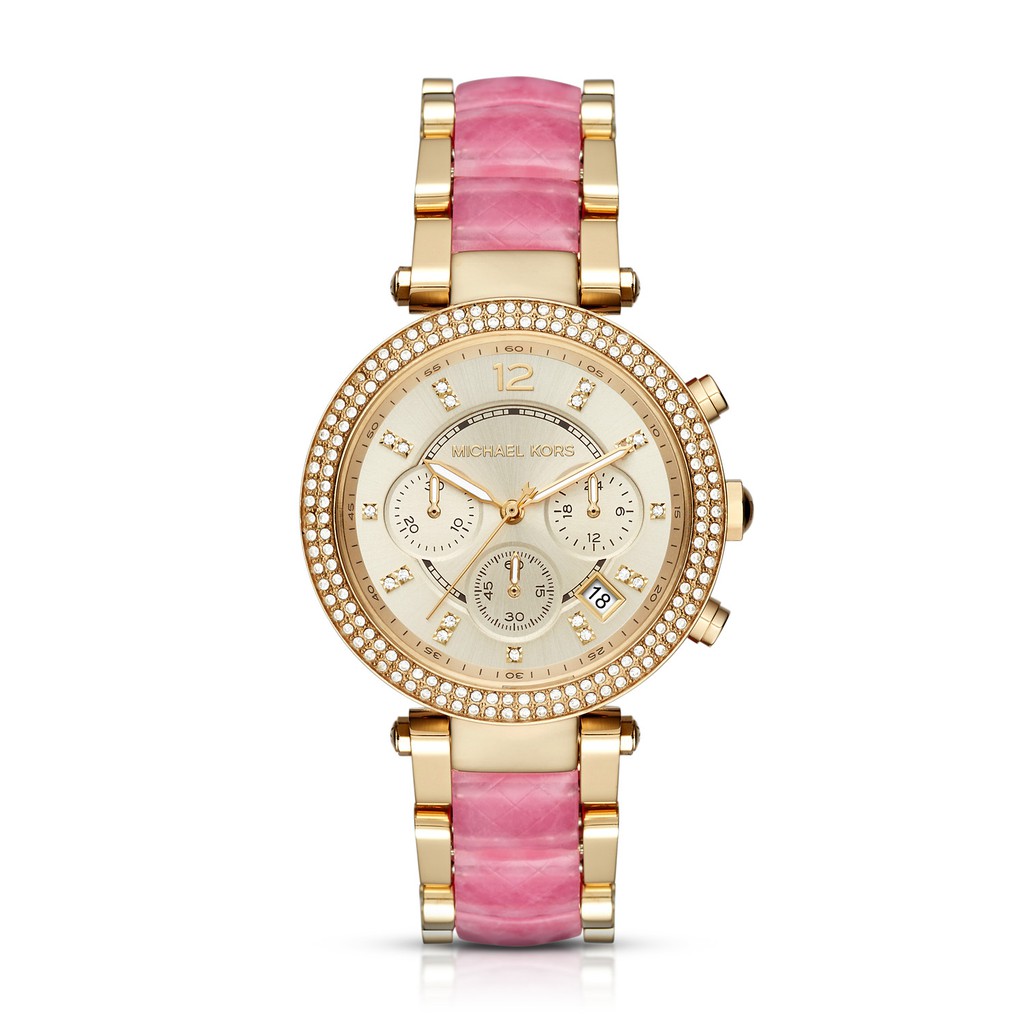 Michael Kors Parker - Gold Round Dial 39mm - Gold & Pink - Chronograph  - Jam Tangan Wanita - MK6363