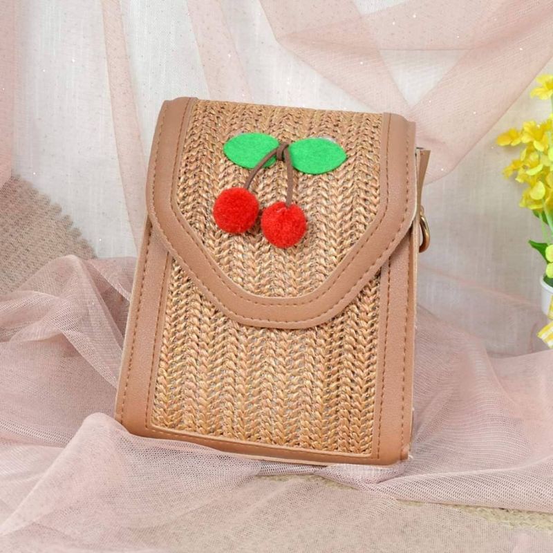 Tas Selempang Jerami Mini Cherry Import 966