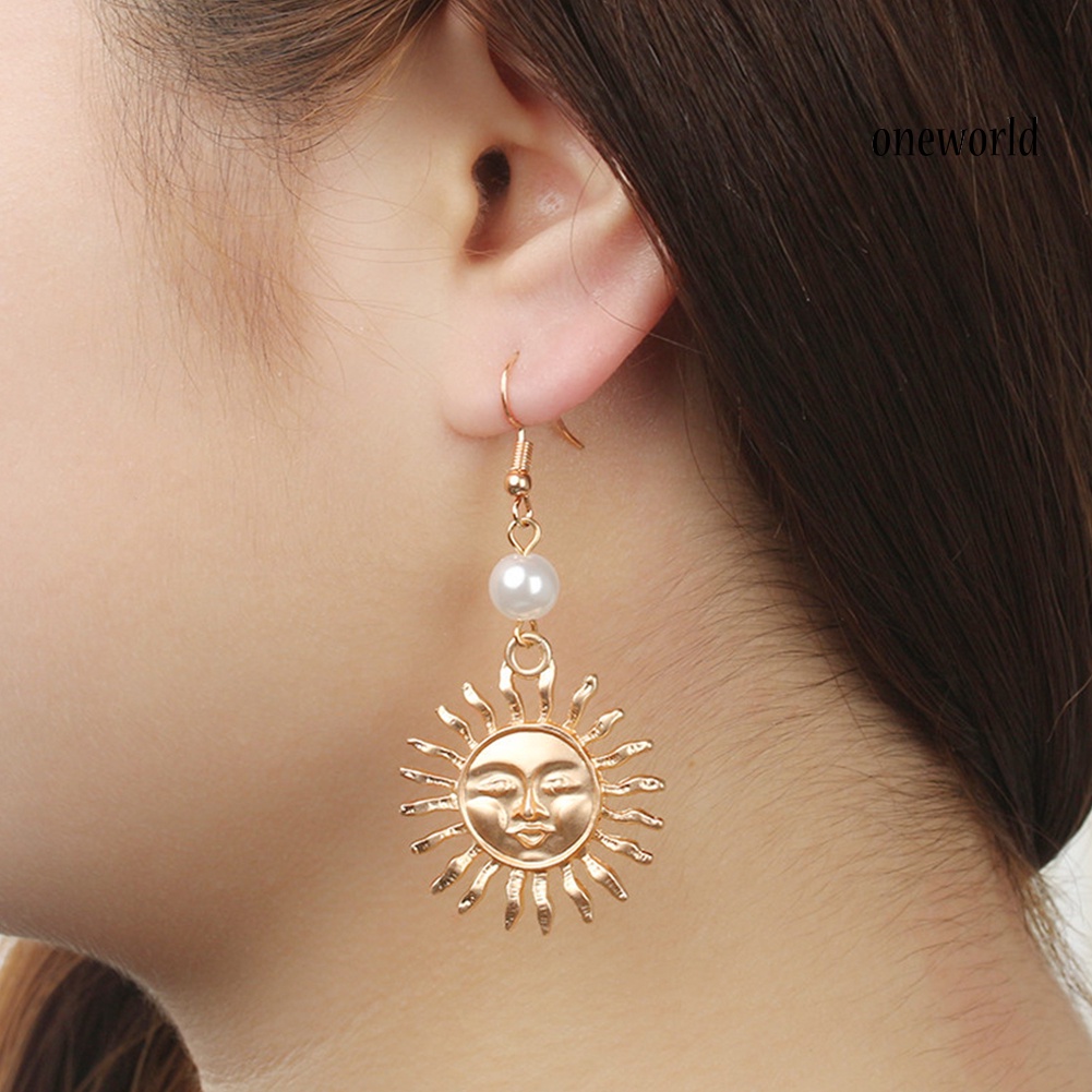 OW@ Women Fashion Sun Smiling Face Faux Pearl Drop Dangle Hook Earrings Jewelry