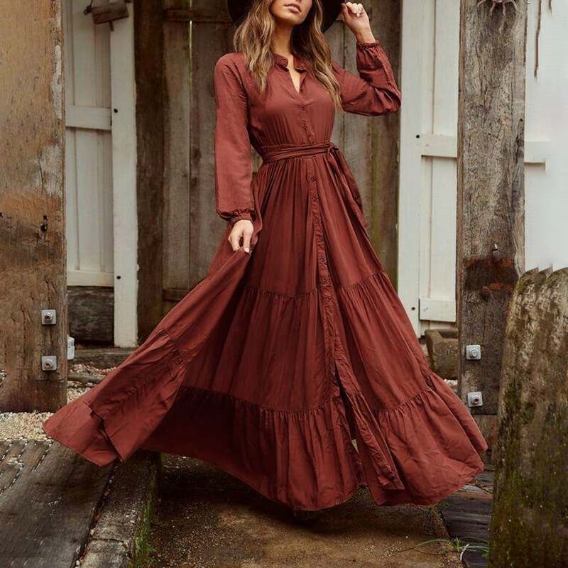 Solid Color Dress Women Long Sleeve Sexy V Neck Party Long Maxi Dresses 2021 VONDA Bohemian Beach Ve