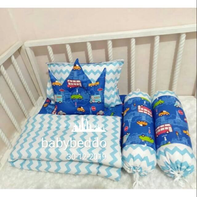 tempat tidur bayi motif mobil warna biru mix zigzag biru