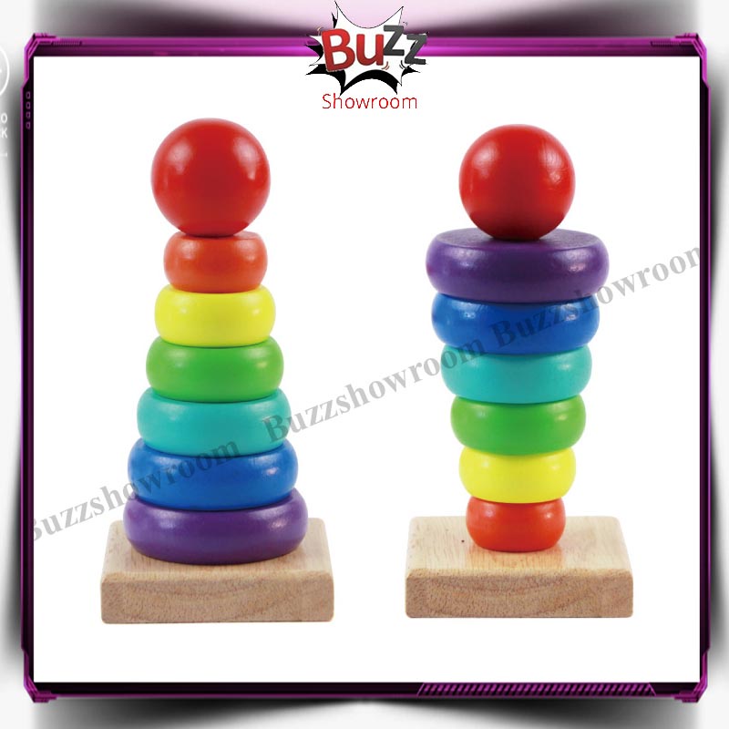 Rainbow Tower Ring Donat Pelangi Kayu Mainan Anak Bayi Montessori Wooden