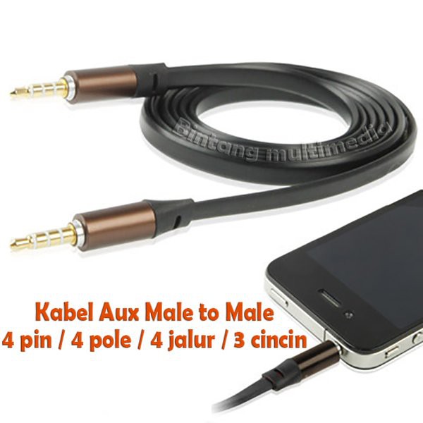 Flat Noodle Style Kabel Aux HP Audio Auxiliary Jack 3.5mm Male to Male Handphone 4 Pin 3 Ring Strip