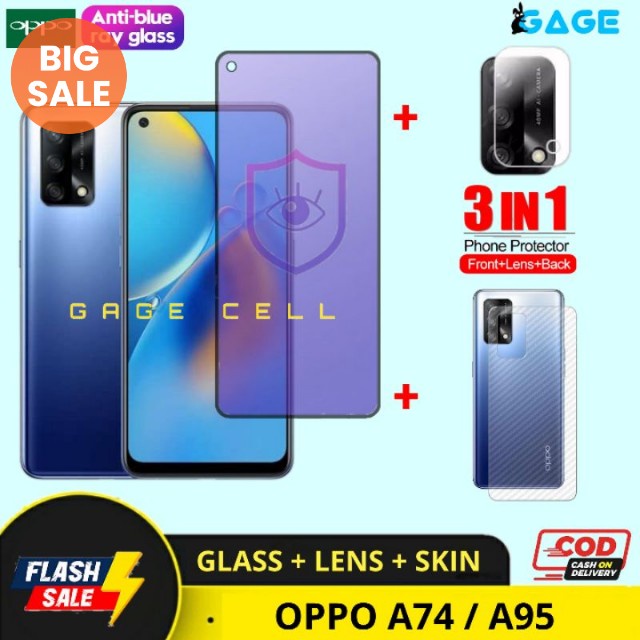 PAKET- 3 IN 1 TEMPERED GLASS ANTI RADIASI BLUE LIGHT OPPO A74 A94 FULL LAYAR SCREEN PROTECTOR