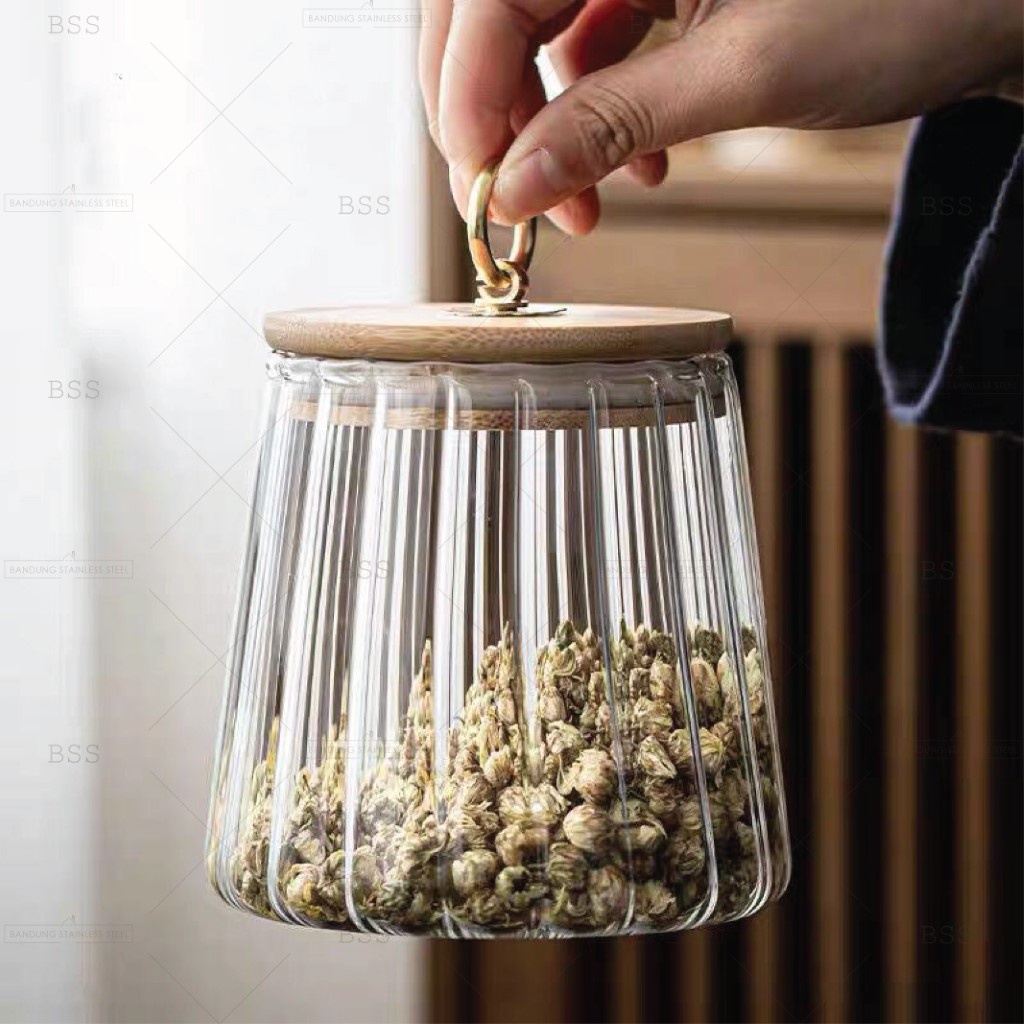 Toples Kaca Kopi Teh Daun coffee bean glass storage jar Kedap Udara Cantik Vakum Wadah Penyimpanan Makanan Tutup Kayu