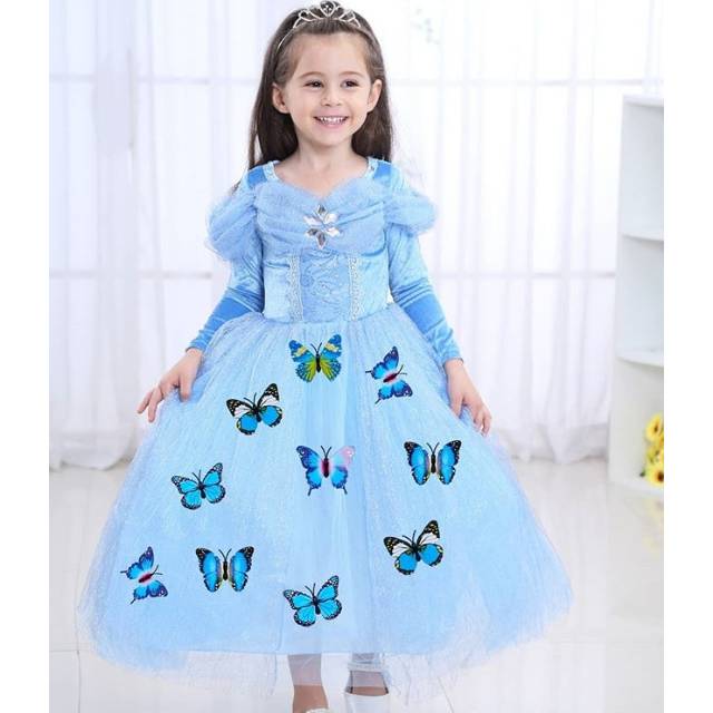 GA2671 PREMIUM CINDERELLA LONG SLEEVE DRESS PRINCESS CINDERELLA BIRU / GAUN PESTA HALLOWEEN ANAK