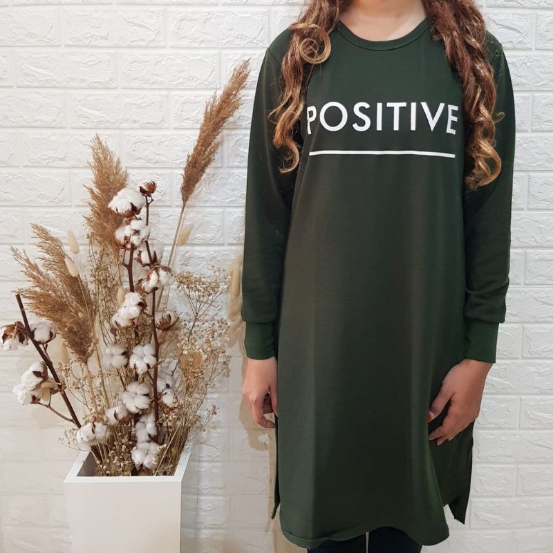 Tunik Motif Positive Baju Tunik Muslim Hijau Lumut Atasan Lengan Panjang Pakaian Busana Muslim