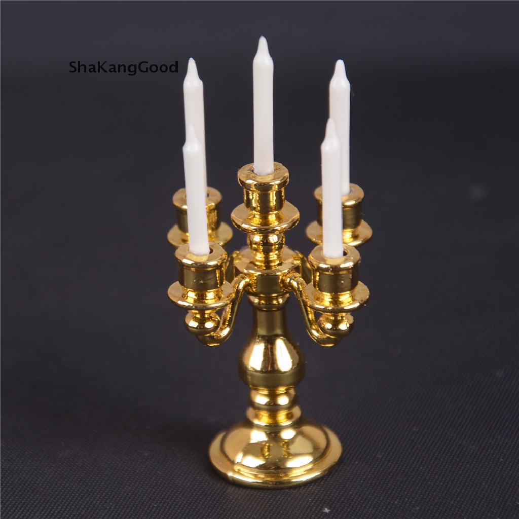 Skid Mainan Miniatur Candelabra Emas + 5 Lilin Putih Skala 1: 12 Untuk Dekorasi Rumah Boneka