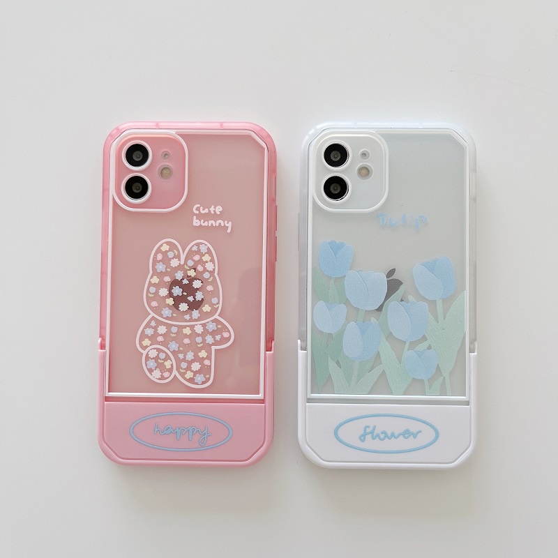 Casing iPhone 11 12 13 Pro MAX X XR XS MAX 7 8 Plus Motif Kelinci Tulip pink Dengan Stand