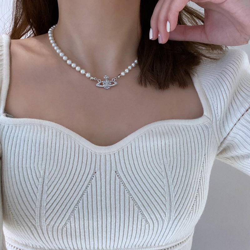 Kalung Rantai Klavikula Hias Mutiara Berlian Saturnus Planet Gaya Korea
