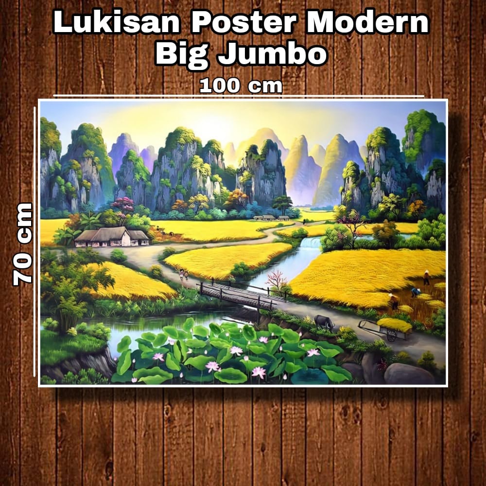 Lukisan Poster Modern Cetak Big Jumbo Foto Pemandangan Alam Sawah danau & Pegunungan Ukuran 100 x 70