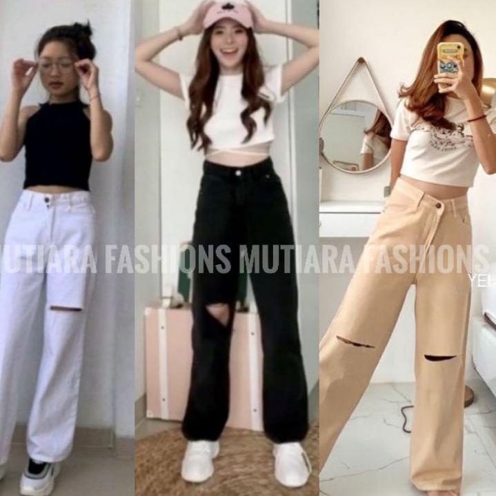 TERLARIS KULOT JEANS WANITA HITAM SOBEK HIGHWAIST PREMIUM