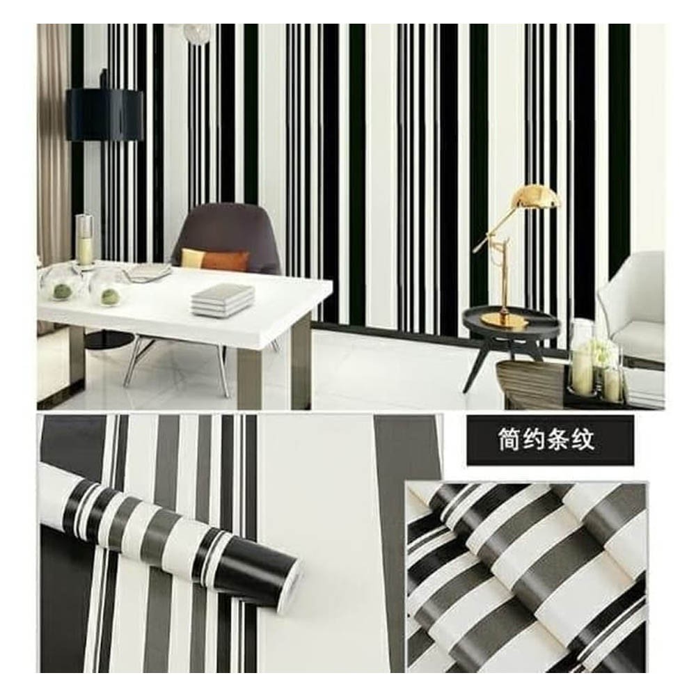 (COD) Gudang Wallpaper Sticker Dinding kamar Premium anti air Murah Dan Terbaik Motif Garis Hitam Bahan PVC Premium (SUDAH ADA LEM)