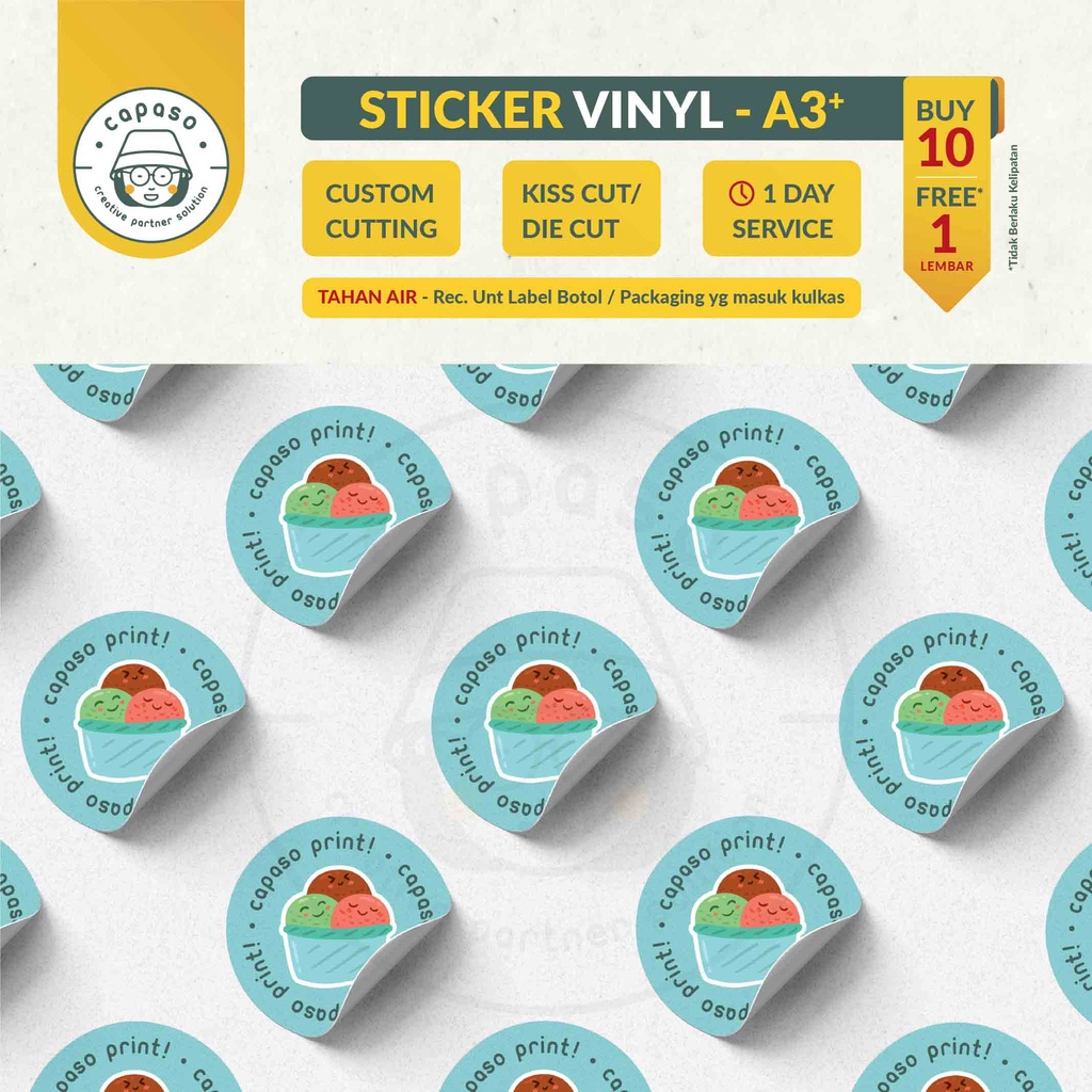 

Cetak Print Stiker Label Vinyl Kemasan dus gelas botol A3+ putih kilap