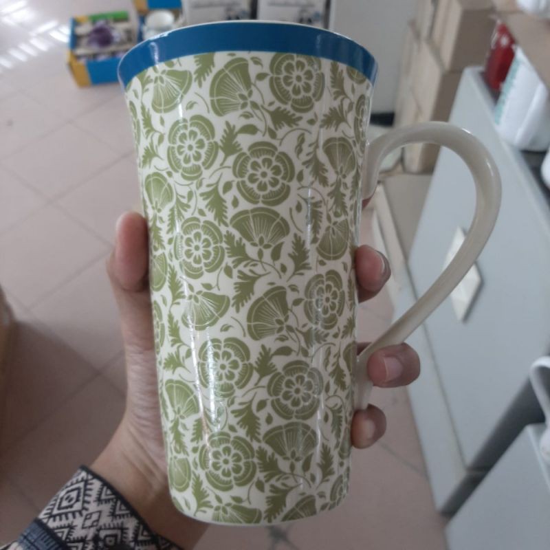 FLOWER MUG JUMBO GELAS KERAMIK SANGO MOTIF BUNGA CANTIK HIAS DEKOR DAPUR HIJAU