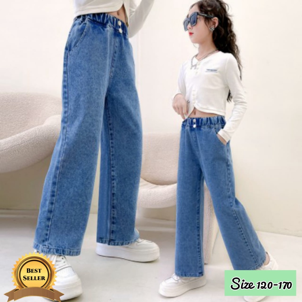 Celana Jeans Anak Perempuan Impor Panjang Boyfriend Kulot Kancing #4 Pinggang Karet Size 120-170 Cel