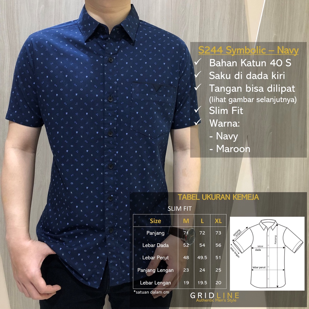 [GRIDLINE - S320 Geminids Metal Black &amp; Navy Blue] Kemeja Print Slimfit Pria Katun Lengan Pendek Casual M-XXL