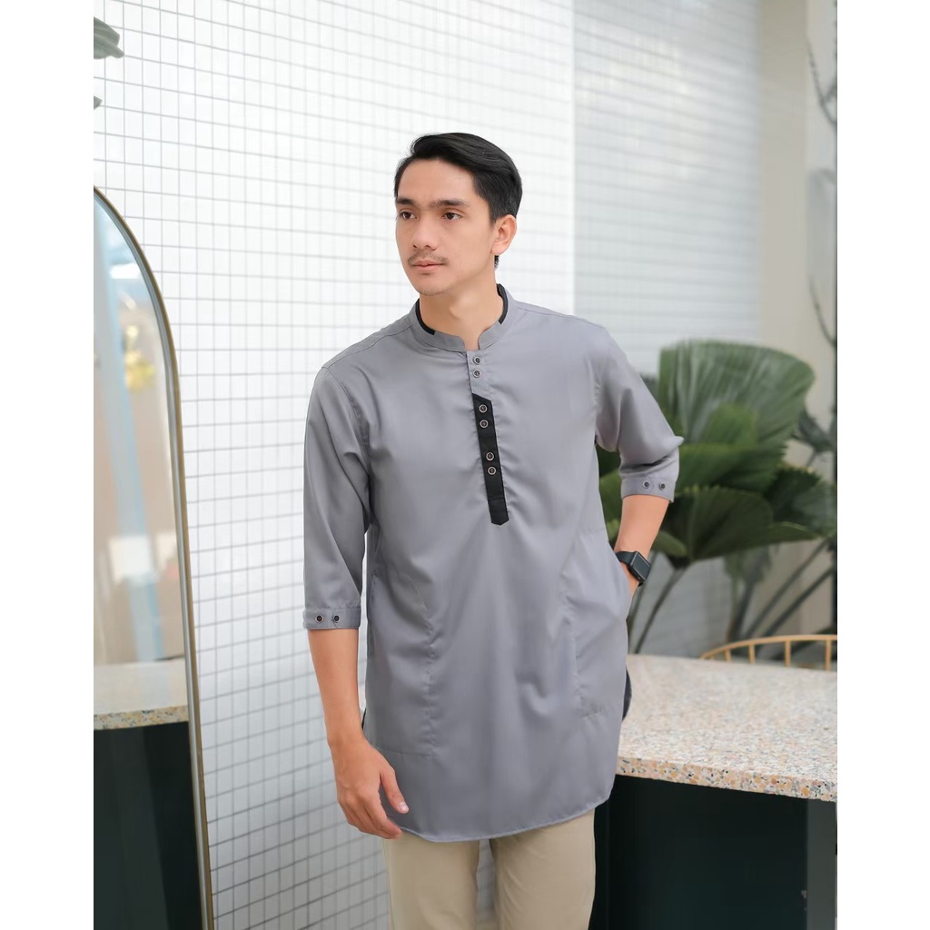 Baju Muslim Pria Lengan 3/4 Hitam | Baju Koko Kurta Pakistan Lengan Panjang White | Koko Kurta Dewasa | Baju Koko Pria Dewasa