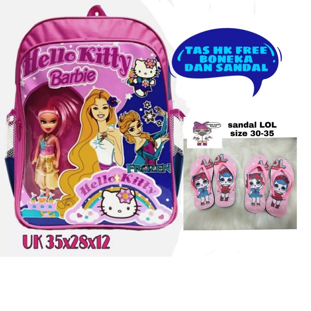 Tas ransel anak perempuan barbie free boneka dan sendal