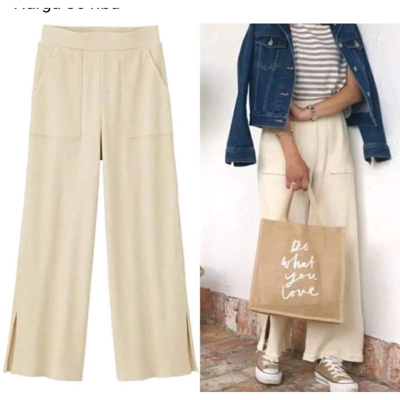 Celana Wanita Kulot Panjang Uniqlo GU Rib Slit Wide Long Pants Original Branded