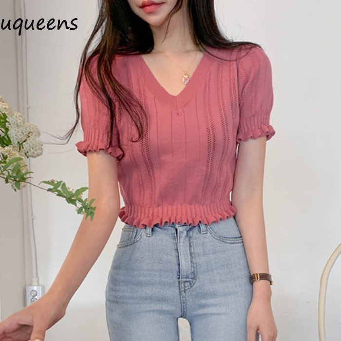 Bahan Rajut Crop-Top Gaya Korea Dan Kerah Leher V Dalam