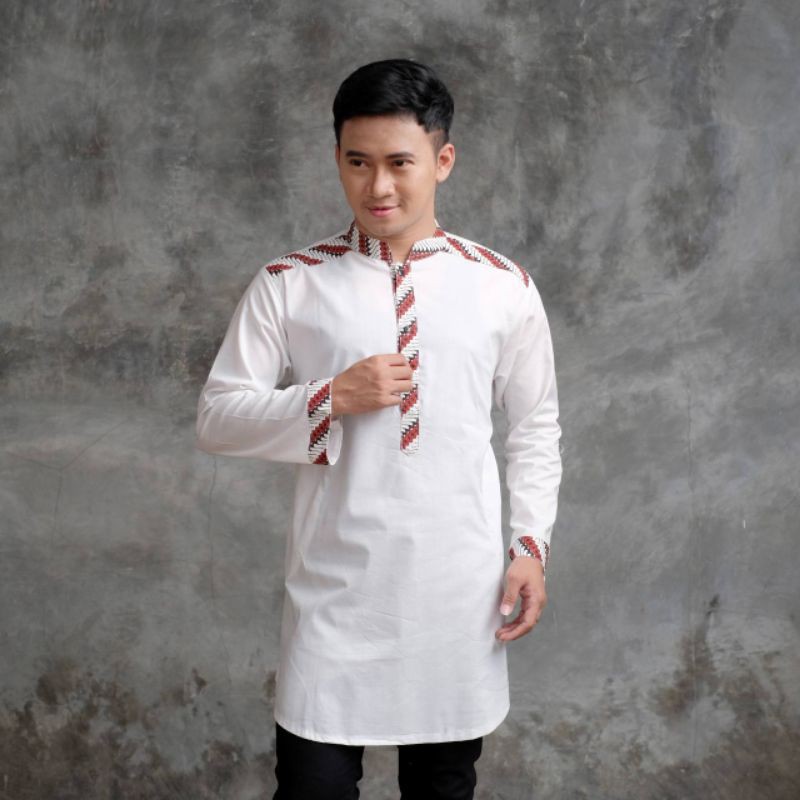 KOKO KURTA WARNA PUTIH KOMBINASI MOTIF BATIK SONGKET LENGAN PANJANG M L XL SIMPEL
