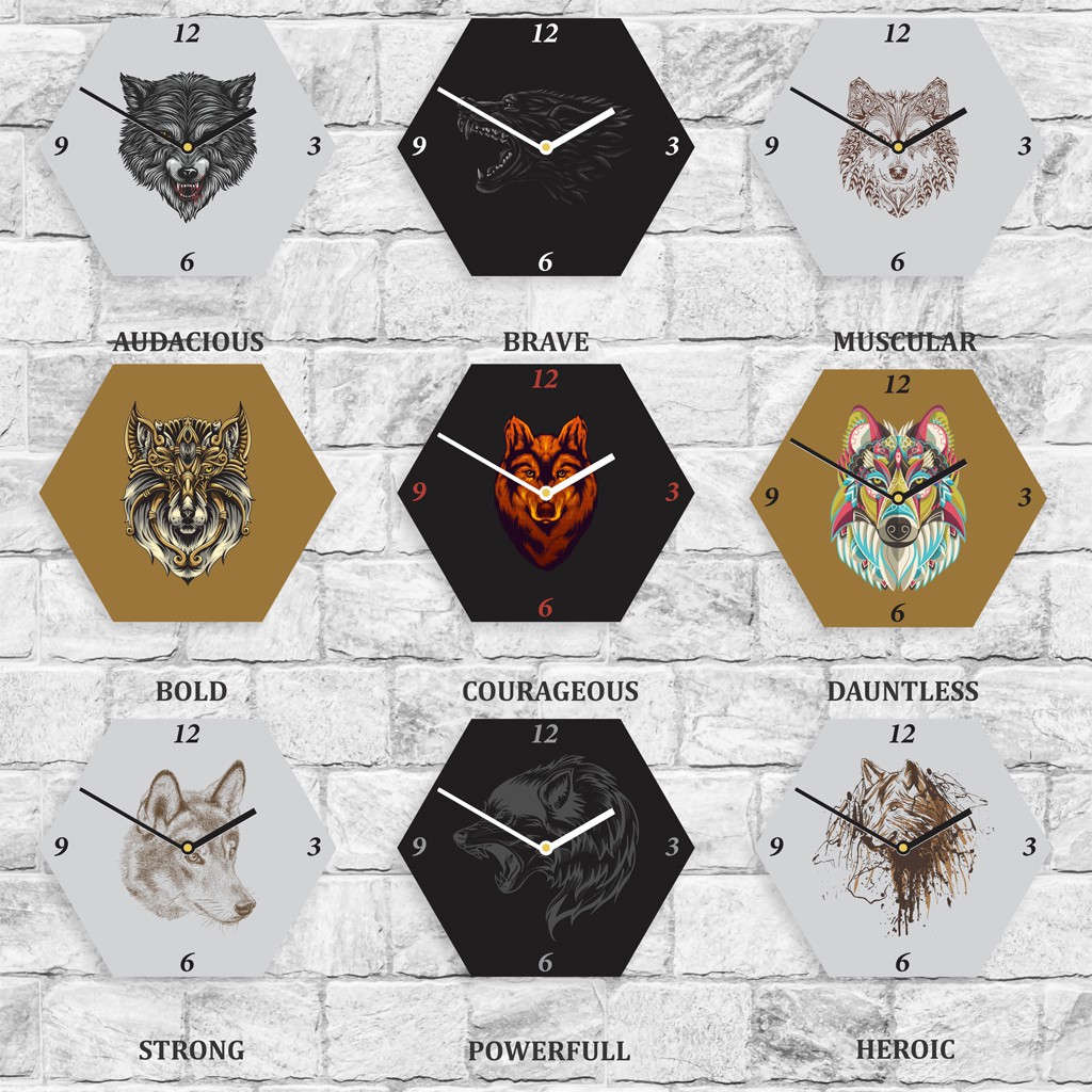 Jam Dinding Kayu Hexagon Srigala Home Decor Rumah Werewolf Serigala Segi Enam