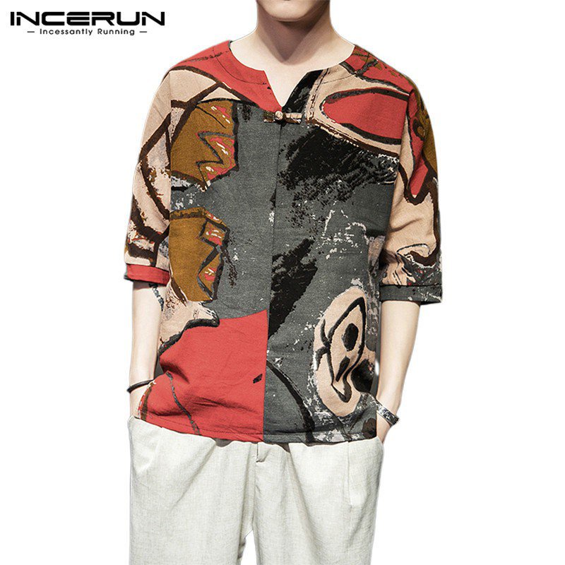 INCERUN Men Abstract Print Notch Neck Shirt