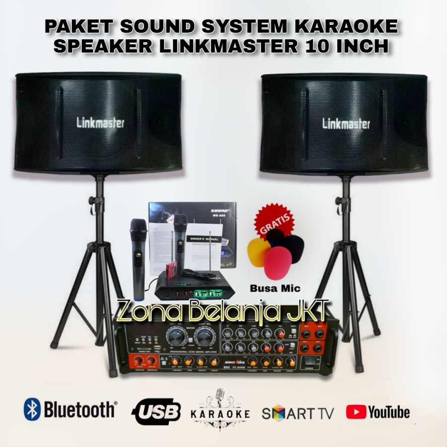 PAKET KARAOKE SOUND SYSTEM LINKMASTER SPEAKER 10 INCH AMPLI USB BLUETOOTH MIC WIRELESS KARAOKE RUMAHAN SIAP PAKAI (LW-2)