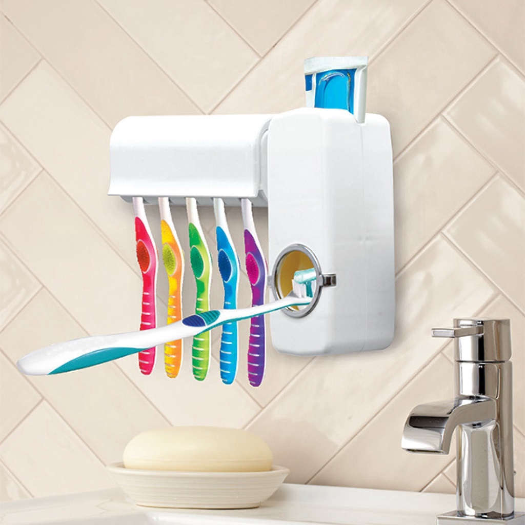 ONLYONE12 Dispenser Pasta Gigi + Tempat Sikat Gigi / Dispenser Odol Tempat Sikat Gigi Tempel Dinding / Brush Holder / Peralatan Sikat Gigi