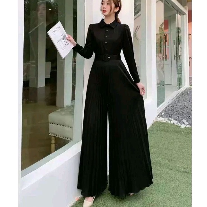 9098 (FreeBelt) Baju pesta jumpsuit jamsuit jampsuit playsuit plisket hitam ungu hijau polos Korean 