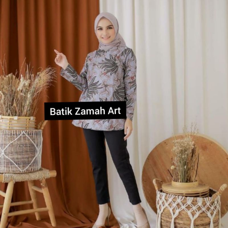 tey-17 Batik wanita ASJ SA HRB026 Kenongo Kemeja Tosca Pendek-Pisang abu new
