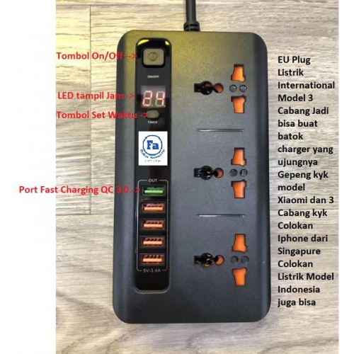 BKL-05 Stop Kontak QualComm Power Socket + 5 USB Port 3.4A / Multi Port Auto Off Timer Inte