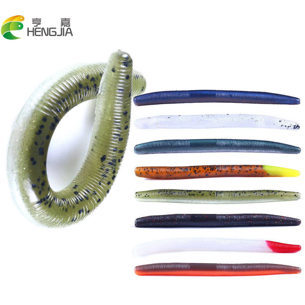 Hengjia 6pcs / Kantong Umpan Pancing Softlure Bentuk Udang Bahan Silikon 8 Warna Earthworm Baits Ukuran 11.5cm / 5.5g