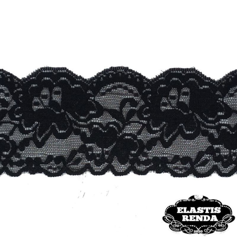 (Harga Per Meter) Renda Stretch Motif Bunga Hitam Lebar 8cm Warna Hitam
